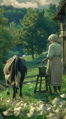 A woman is feeding a cow in a field. The cow is black and white