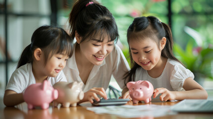 Fototapeta premium A mother with daughters putting money into a piggybank. Family saving and budget planning