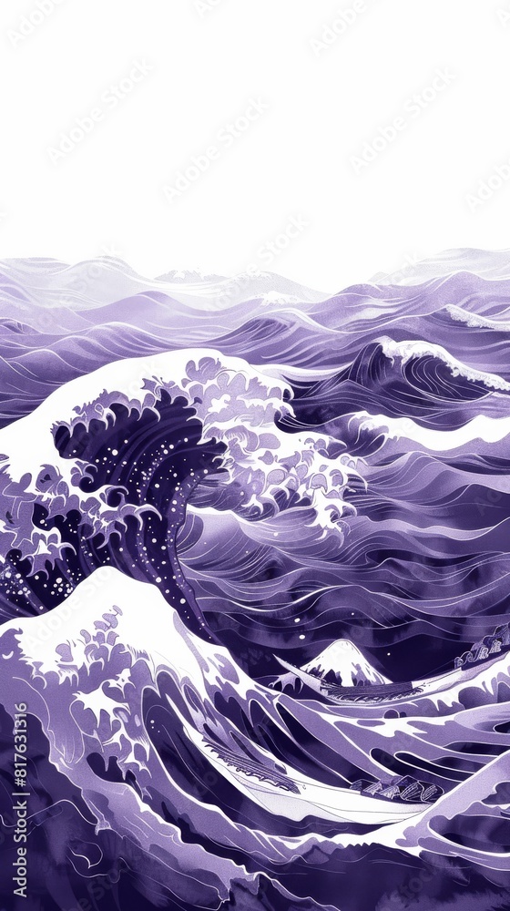 Poster a painting of a wave with mountains in the background. the painting has a mood of calmness and seren