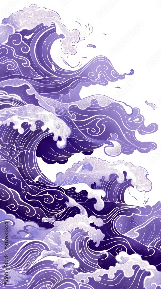 Poster a wave with a purple background. the wave is very large and has a lot of detail, including foam and 