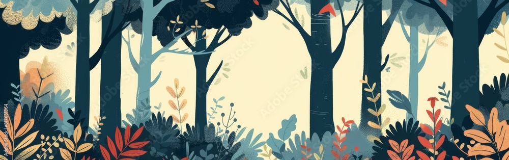 Poster A forest scene with trees and leaves. The trees are tall and green, and the leaves are a mix of brown and orange. The sky is blue and the sun is shining