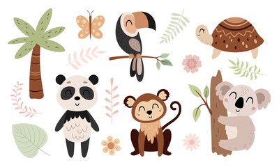 Jungle animals clipart. Tropical clipart. Safari animal clip art in cartoon flat style. Tropical plants. Hand drawn vector illustration.