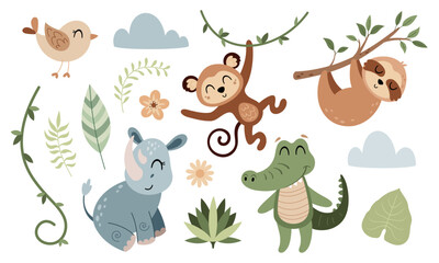 Jungle animals clipart. Tropical clipart. Safari animal clip art in cartoon flat style. Tropical plants. Hand drawn vector illustration.