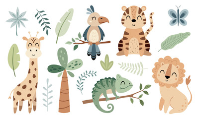 Jungle animals clipart. Tropical clipart. Safari animal clip art in cartoon flat style. Tropical plants. Hand drawn vector illustration.