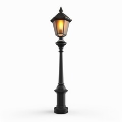 a simple black street lamp, isolated on a white background with glowing lamp