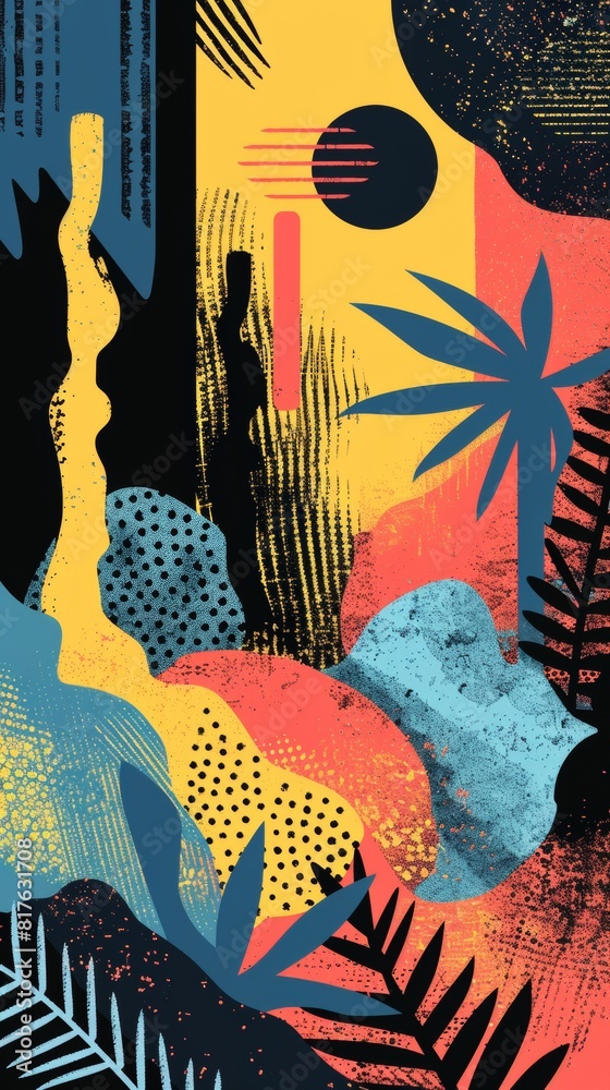 Poster a colorful painting of a tropical forest with a palm tree. the painting is full of abstract shapes a
