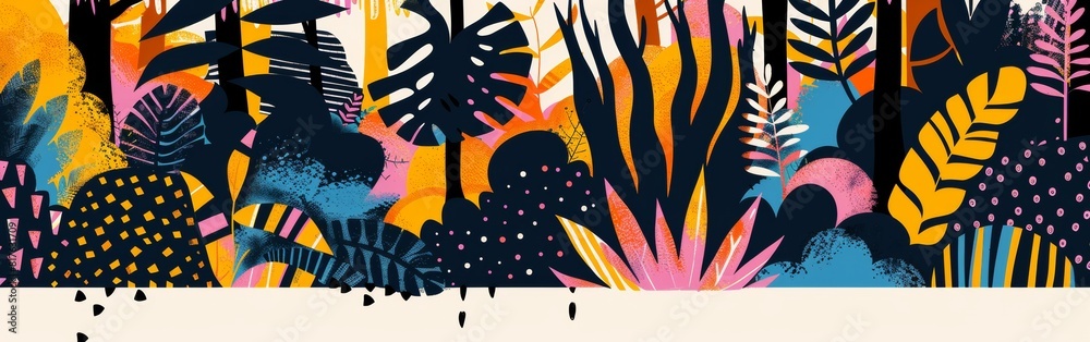 Poster a colorful jungle scene with a lot of trees and plants. a jungle with a lot of different colors and 