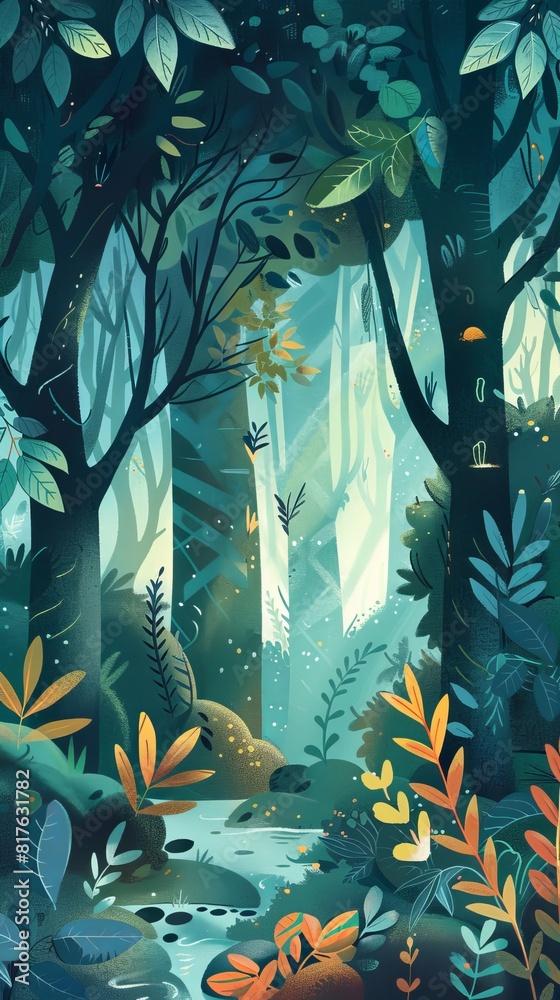 Aufkleber a painting of a forest with trees and a stream. the mood of the painting is peaceful and serene