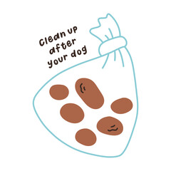 Bag with dog poop. Hygienic dog bag with poop. Flat hand drawn illustration. Cleaning the park after walking pets