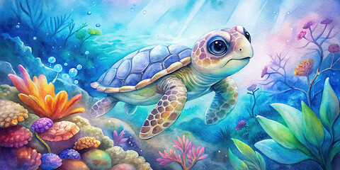 A cute baby turtle swimming gracefully in crystal-clear water, surrounded by colorful coral reefs.