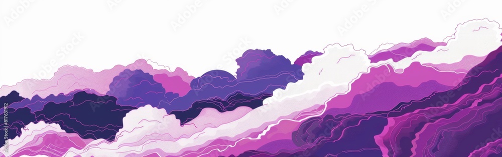 Poster a purple sky with clouds and a white background. the sky is filled with clouds of different sizes an
