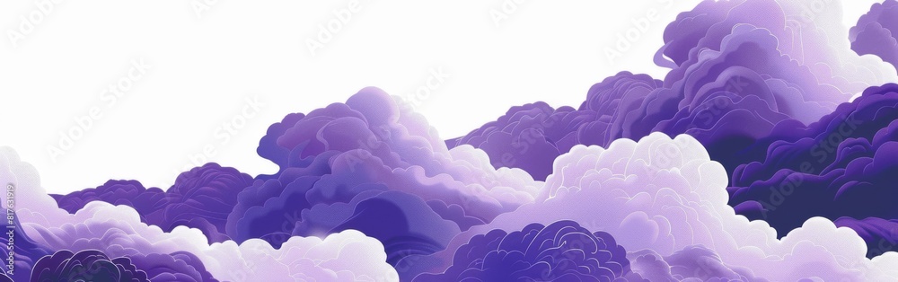 Poster A purple sky with clouds and a white background. The sky is filled with clouds of different sizes and shapes, creating a sense of depth and movement