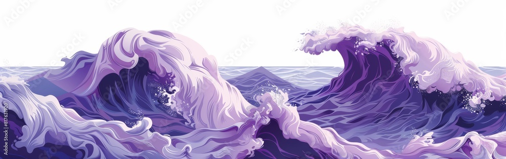 Poster The image is a computer-generated wave with a purple color. The wave is crashing against the shore, creating a sense of power and energy. The color purple is often associated with calmness