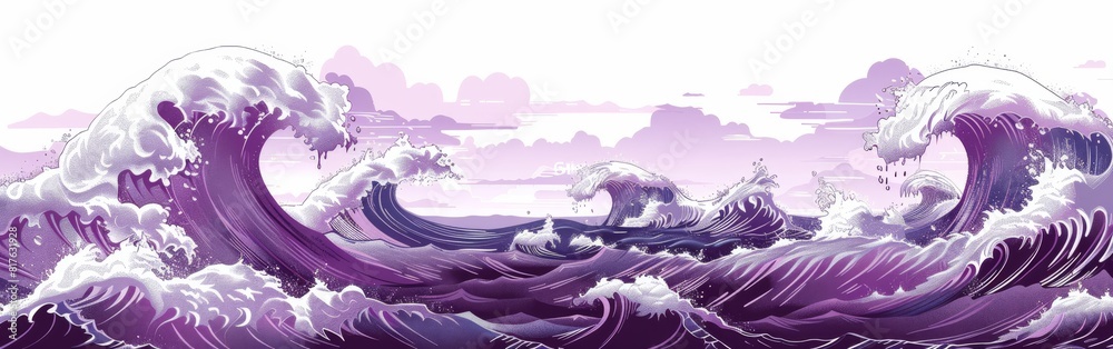Poster the image is a beautiful representation of a wave crashing on a beach. the wave is purple and white,