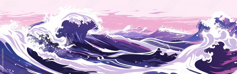 Poster a wave crashing in the ocean with a pink and purple sky in the background