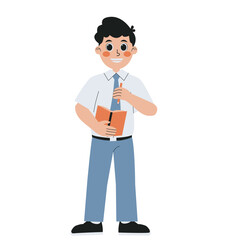 Smiling Student Holding Book and Pencil 