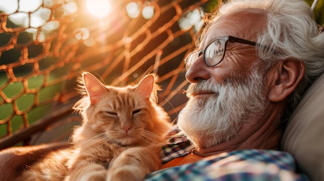 A man is laying on a hammock with a cat on his lap. The man is smiling and he is enjoying the moment - Powered by Adobe