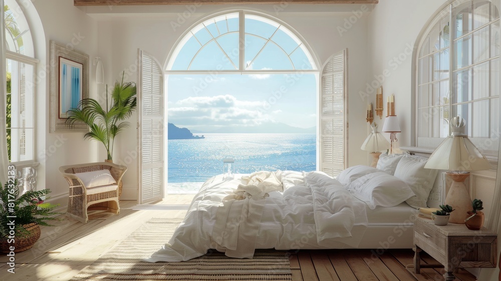 Poster a bedroom with a large window overlooking the ocean. the room is decorated in a minimalist style wit