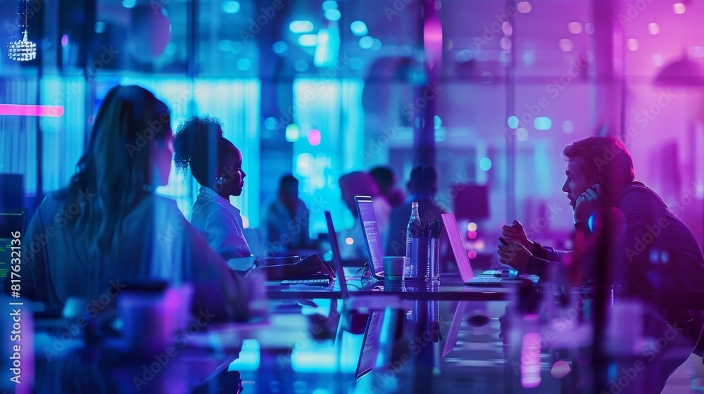 Poster a group of people are sitting at a table in a dimly lit room. the atmosphere is serious and focused,