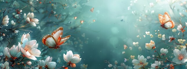Enchanting scene of butterflies flying among blossoming flowers under a hazy sky