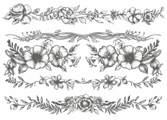 a set of flowers and leaves on a white background