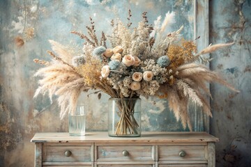 A beautiful bouquet of dried flowers in a glass vase and vials on an antique wooden chest of drawers. A bouquet of flowers in a vase in a home interior. Light, beige, blue floral background.