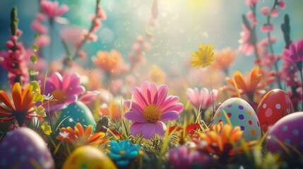 Fototapeta premium Easter bunny and Easter eggs on green grass