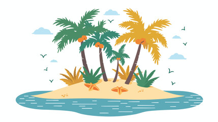 Sand island with palm trees. Tropical deserted uninha