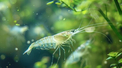 A small white shrimp is swimming in a tank