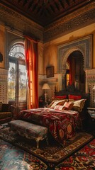 A bedroom with a red bed and a red curtain. The room is decorated in a traditional style with a lot of red accents