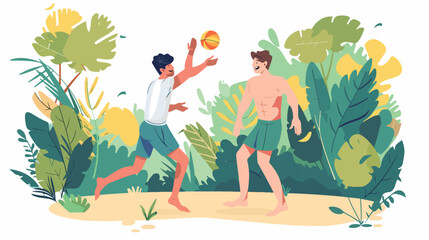 Scene of young men playing ball in nature in summerti