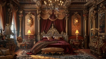 A large bedroom with a red bed and red curtains. The room is decorated with gold accents and has a luxurious feel