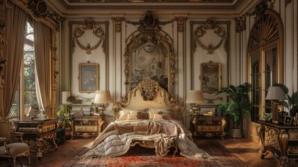 A large bedroom with a bed, dresser, and nightstand. The room is decorated with gold accents and has a luxurious feel