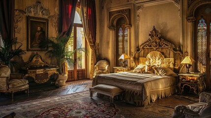 A large bedroom with a bed, a chair, and a table. The bed is covered with a white blanket and pillows. The room has a luxurious and elegant feel, with a lot of gold accents