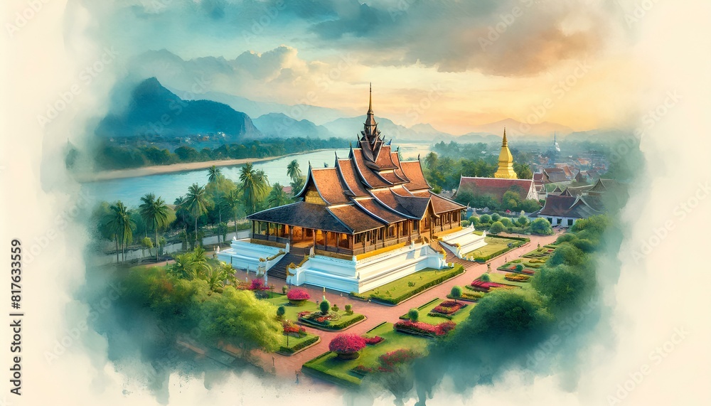 Wall mural watercolor painting of the majestic Wat Xieng Thong temple in Luang Prabang, Laos.