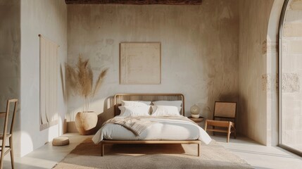 A bedroom with a white bed, a chair, and a potted plant. The room has a minimalist and clean look, with a focus on the bed as the main focal point. The potted plant adds a touch of greenery