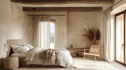 A bedroom with a bed, chair, and a basket. The room has a rustic feel with a tan color scheme
