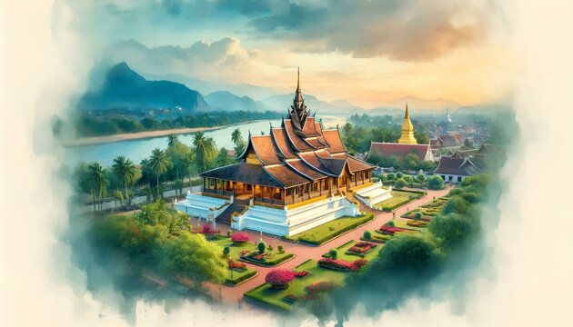 watercolor painting of the majestic Wat Xieng Thong temple in Luang Prabang, Laos.