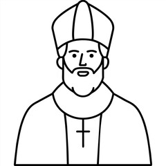 Monochrome drawing of a bearded man in a hat, with a cross necklace