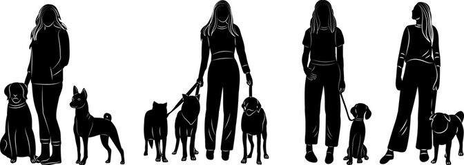 dogs on a leash with mistress silhouette on a white background vector