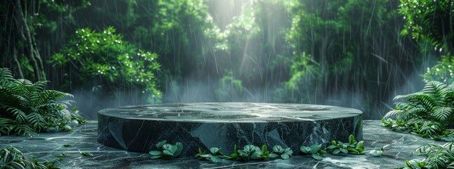 Black marble podium surrounded by vibrant green leaves in a serene rainforest setting