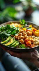 A person is holding a bowl of food that contains vegetables, quinoa, and chickpeas