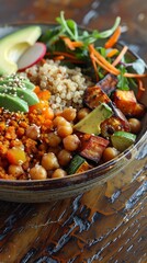 A bowl of food with a variety of vegetables and quinoa. The bowl is on a wooden table
