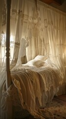 A bed with a canopy and white sheets. The bed is covered in lace and has a pillow on it