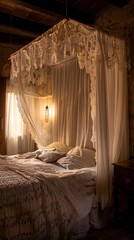 A bed with a canopy and white sheets. The bed is unmade and the curtains are open