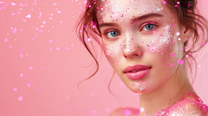 A woman with pink face paint and glitter on her face. Beautiful young woman in glitter isolated on flat pink background with copy space. Shiny cosmetic glitter for skin, party and fashion event