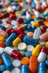 Close-up view of a mix of colorful pills and capsules, representing pharmaceutical care, medication management, and health treatments.