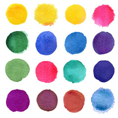 Set of yellow, orange, violet, pink and blue watercolor circles isolated on white background