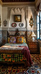 A colorful bed with pillows and a blanket on a carpeted floor. The bed is surrounded by a wall of tiles and has a lamp on a nightstand