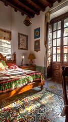 A bedroom with a bed, a lamp, and a chair. The bed is covered with a colorful quilt and the room has a bright and cheerful atmosphere